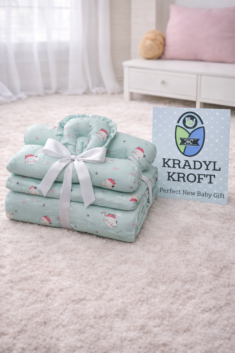 4 Pcs Muslin Bedding Set for 0 to 6 Months - Baby in Blue