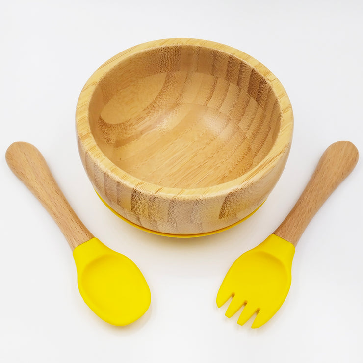 Bamboo Yellow- Kradyl Kroft Bamboo Silicone Bowl & Spoon Set for Babies and Toddlers