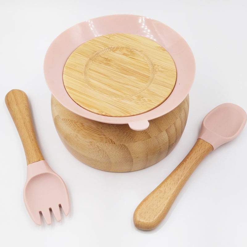 Bamboo Pink- Kradyl Kroft Bamboo Silicone Bowl & Spoon Set for Babies and Toddlers