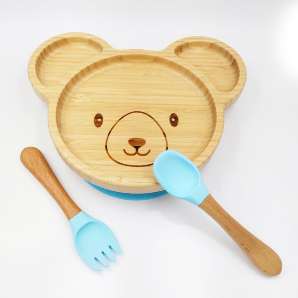 Teddy Blue- Kradyl Kroft Bamboo Silicone Bowl & Spoon Set for Babies and Toddlers