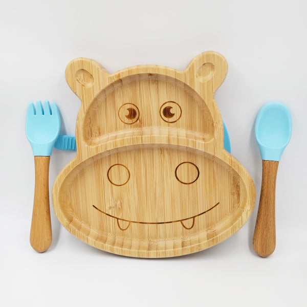 Hippo Blue- Kradyl Kroft Bamboo Silicone Bowl & Spoon Set for Babies and Toddlers