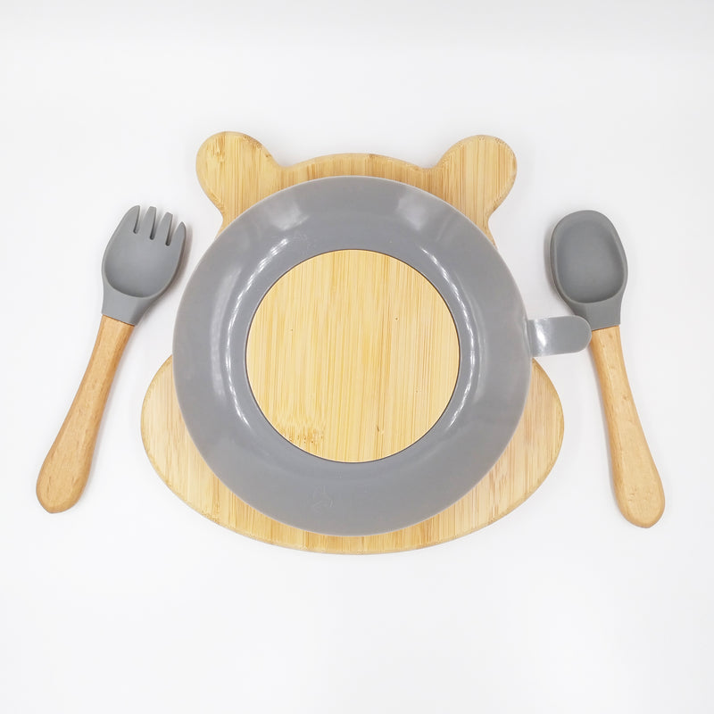Hippo Grey- Kradyl Kroft Bamboo Silicone Bowl & Spoon Set for Babies and Toddlers