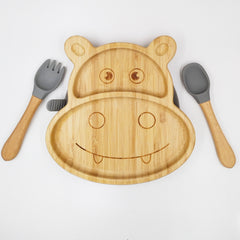 Hippo Grey- Kradyl Kroft Bamboo Silicone Bowl & Spoon Set for Babies and Toddlers