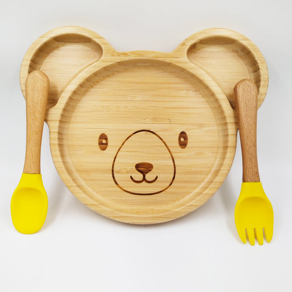 Teddy Yellow- Kradyl Kroft Bamboo Silicone Bowl & Spoon Set for Babies and Toddlers