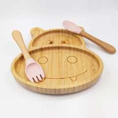 Hippo Pink- Kradyl Kroft Bamboo Silicone Bowl & Spoon Set for Babies and Toddlers