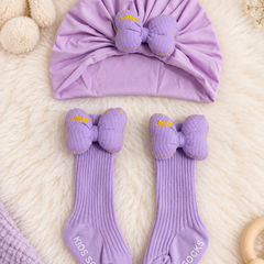 Baby Girl Turban Cap and Socks Set | Stretchy Fabric | Good Fit - Bow Purple