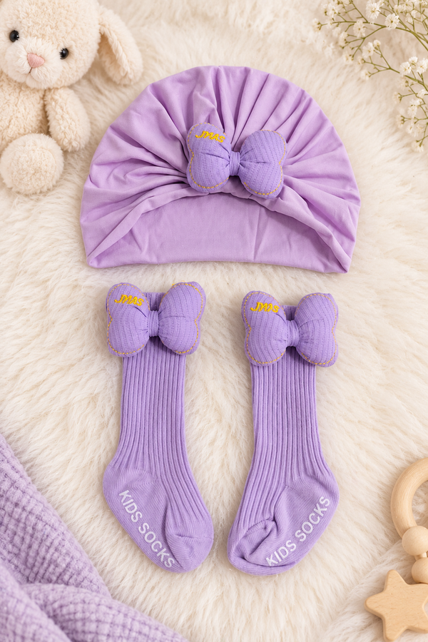Baby Girl Turban Cap and Socks Set | Stretchy Fabric | Good Fit - Bow Purple