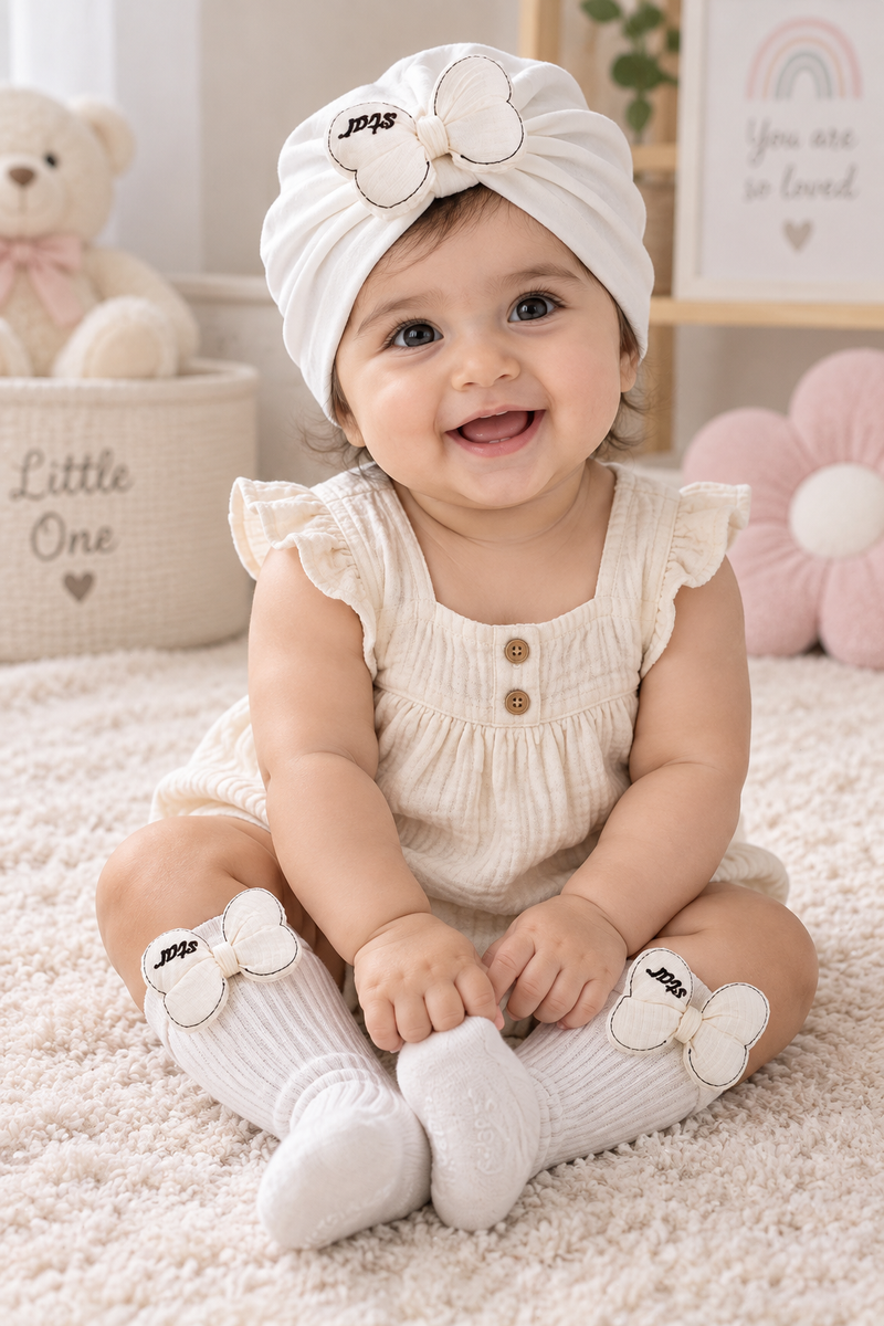 Baby Girl Turban Cap and Socks Set | Stretchy Fabric | Good Fit - Bow White Star