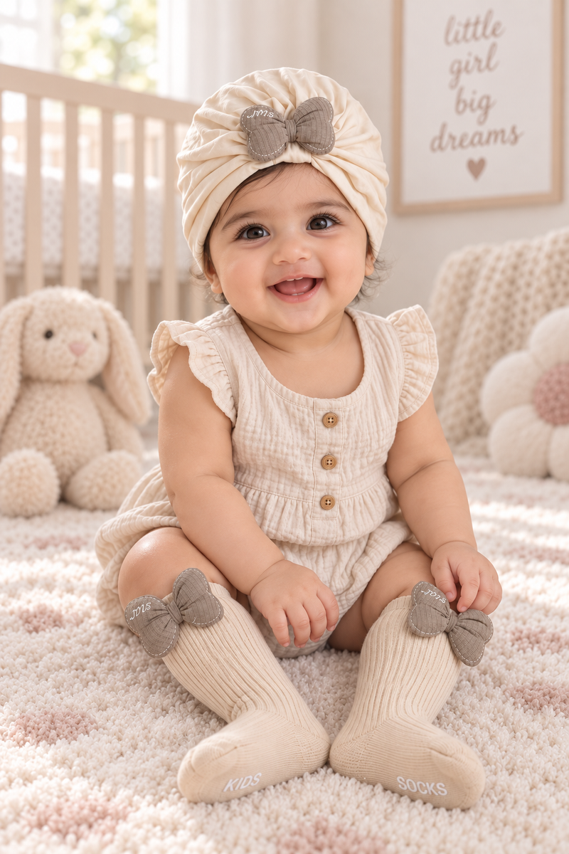 Baby Girl Turban Cap and Socks Set | Stretchy Fabric | Good Fit - Bow Beige