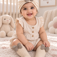 Baby Girl Turban Cap and Socks Set | Stretchy Fabric | Good Fit - Bow Beige