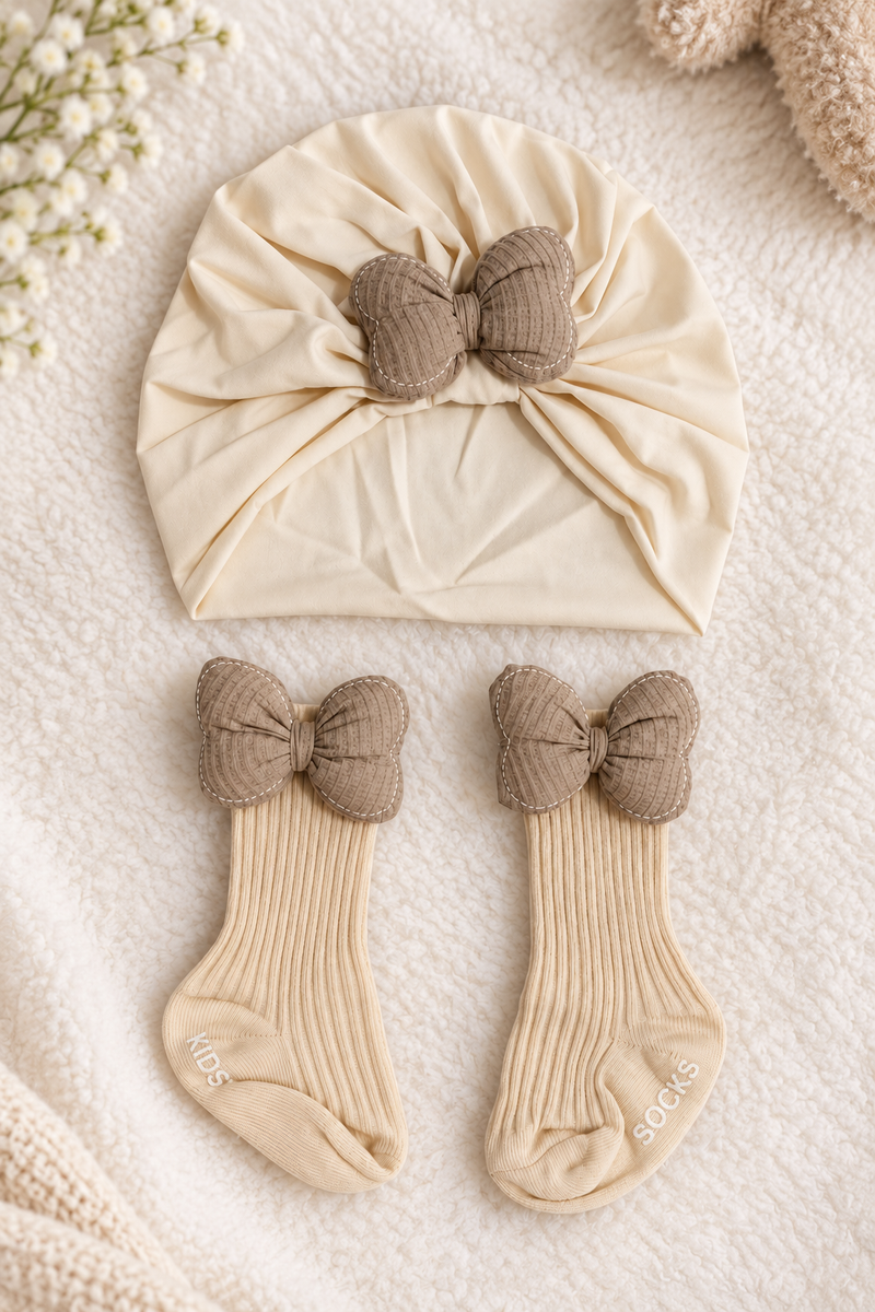 Baby Girl Turban Cap and Socks Set | Stretchy Fabric | Good Fit - Bow Beige