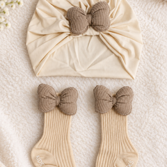 Baby Girl Turban Cap and Socks Set | Stretchy Fabric | Good Fit - Bow Beige