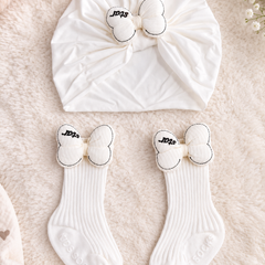 Baby Girl Turban Cap and Socks Set | Stretchy Fabric | Good Fit - Bow White Star