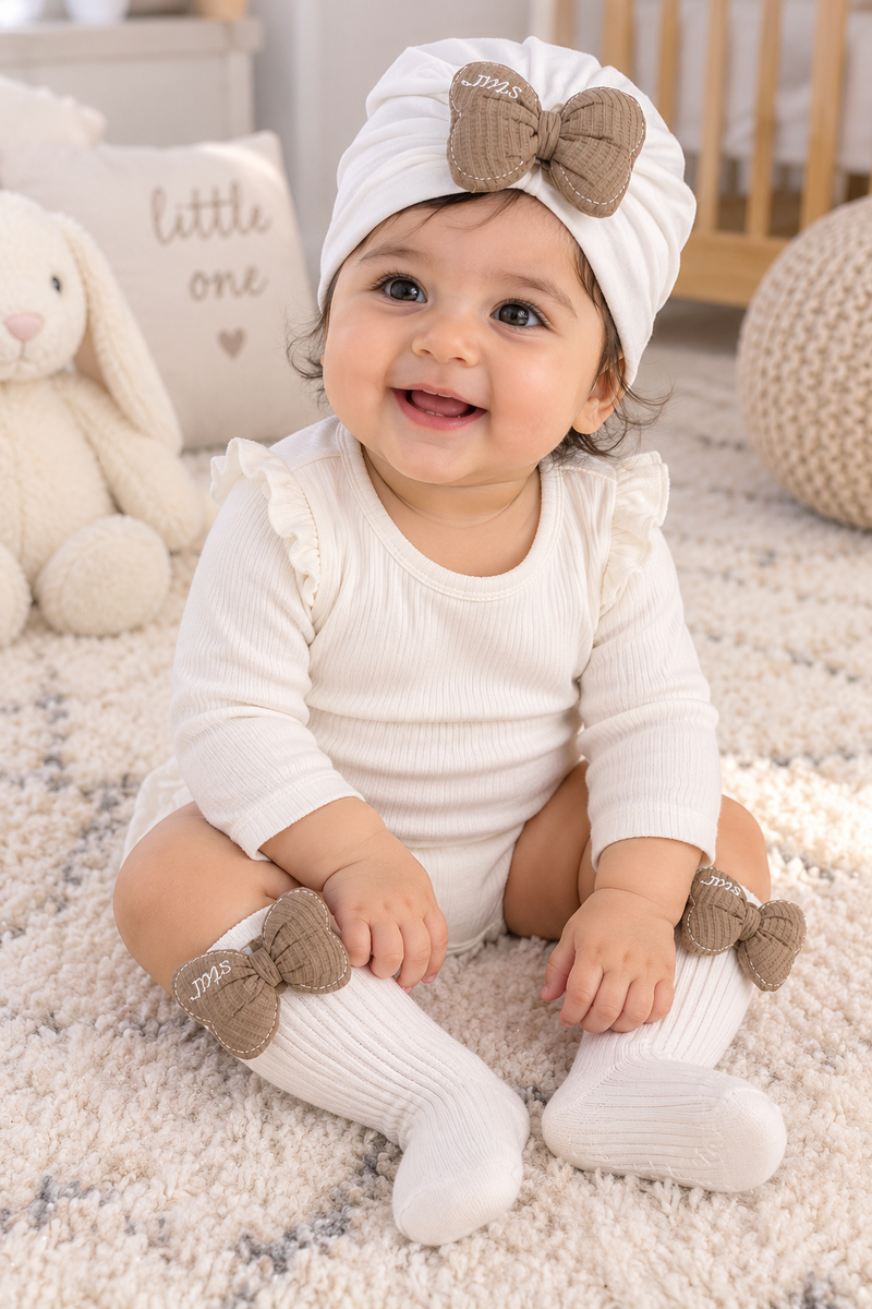 Baby Girl Turban Cap and Socks Set | Stretchy Fabric | Good Fit - White Beige