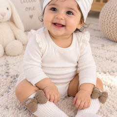 Baby Girl Turban Cap and Socks Set | Stretchy Fabric | Good Fit - White Beige