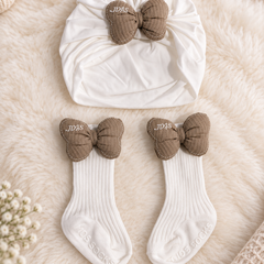 Baby Girl Turban Cap and Socks Set | Stretchy Fabric | Good Fit - White Beige