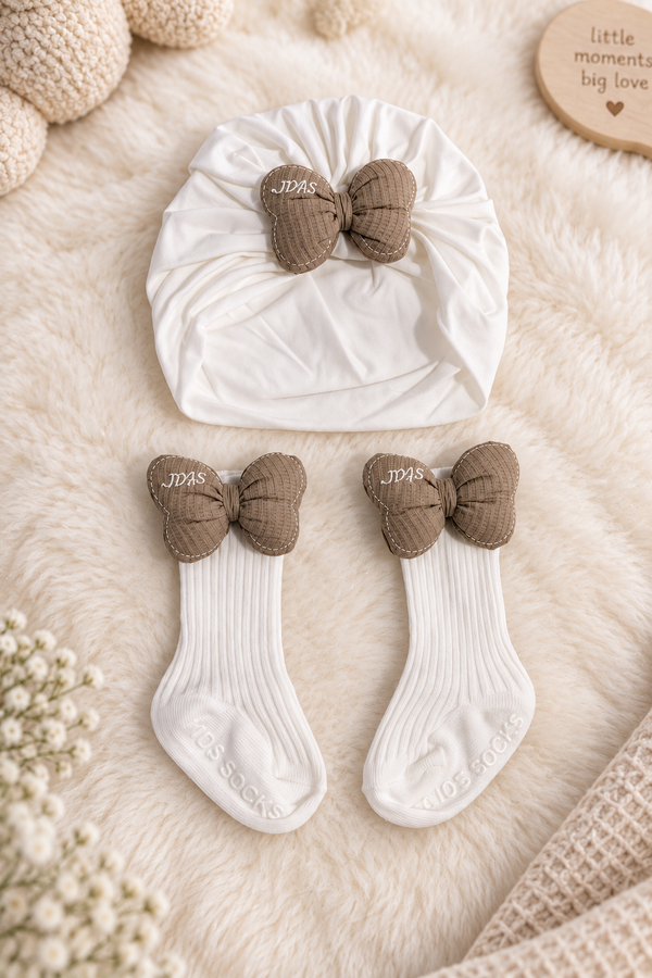Baby Girl Turban Cap and Socks Set | Stretchy Fabric | Good Fit - White Beige
