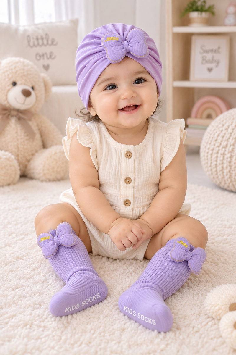 Baby Girl Turban Cap and Socks Set | Stretchy Fabric | Good Fit - Bow Purple