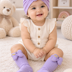 Baby Girl Turban Cap and Socks Set | Stretchy Fabric | Good Fit - Bow Purple
