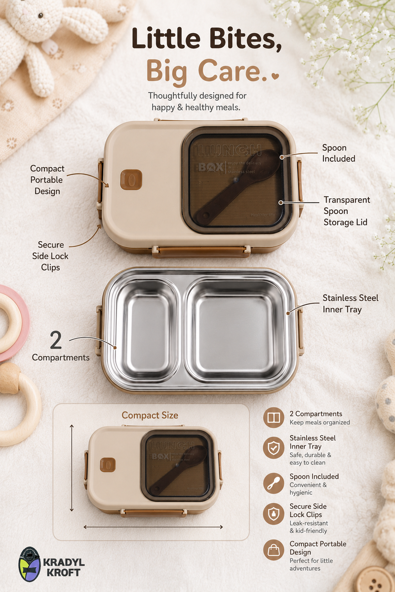 2 Compartment Stainless Steel Lunch Box | Leak Proof Easy Lock | BPA Free Food Grade Tiffin Box