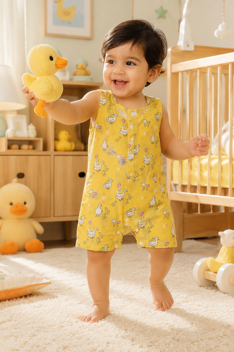 Yellow Duck | Sleeveless | Unisex Romper Bodysuit | 100% Cotton Muslin for 0 to 2 Yrs
