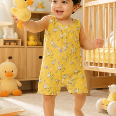 Yellow Duck | Sleeveless | Unisex Romper Bodysuit | 100% Cotton Muslin for 0 to 2 Yrs