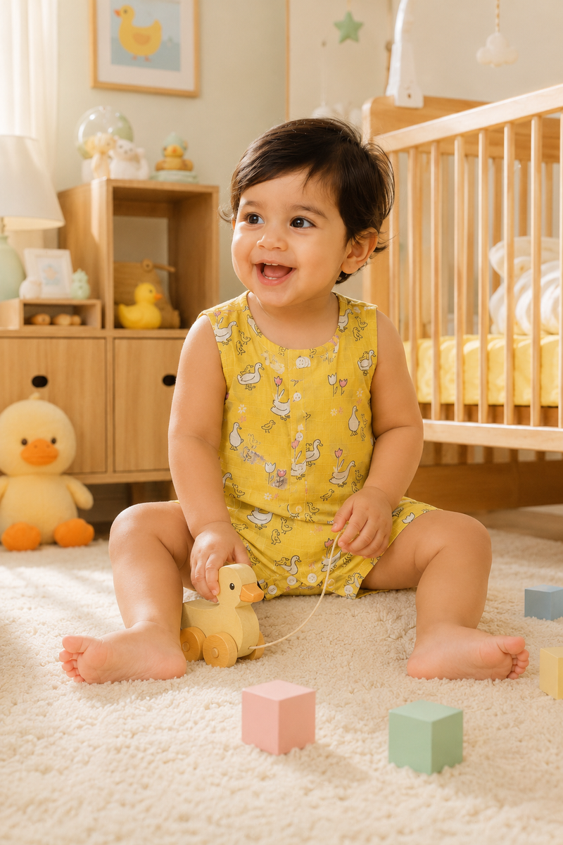 Yellow Duck | Sleeveless | Unisex Romper Bodysuit | 100% Cotton Muslin for 0 to 2 Yrs