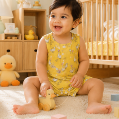 Yellow Duck | Sleeveless | Unisex Romper Bodysuit | 100% Cotton Muslin for 0 to 2 Yrs