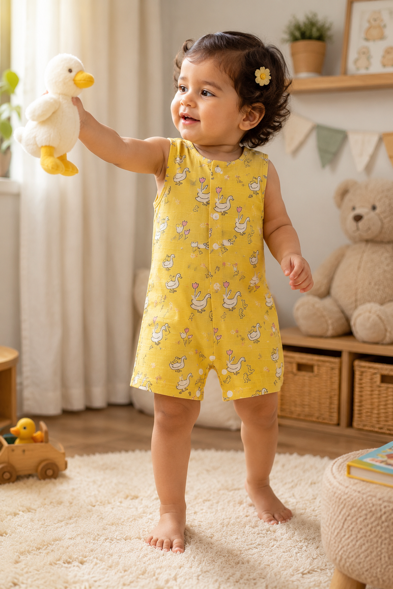 Yellow Duck | Sleeveless | Unisex Romper Bodysuit | 100% Cotton Muslin for 0 to 2 Yrs