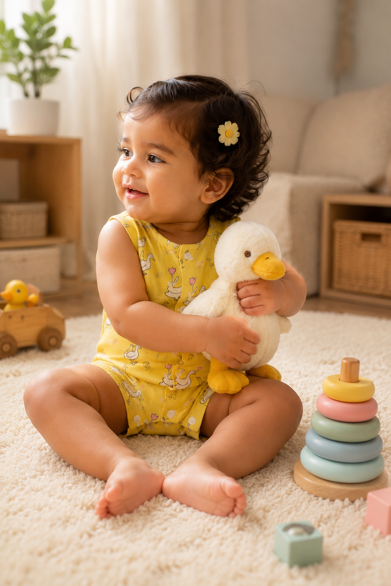 Yellow Duck | Sleeveless | Unisex Romper Bodysuit | 100% Cotton Muslin for 0 to 2 Yrs
