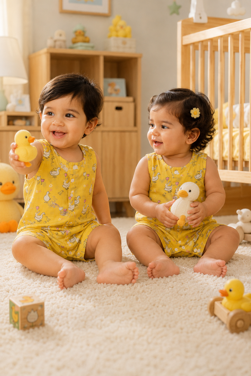 Yellow Duck | Sleeveless | Unisex Romper Bodysuit | 100% Cotton Muslin for 0 to 2 Yrs