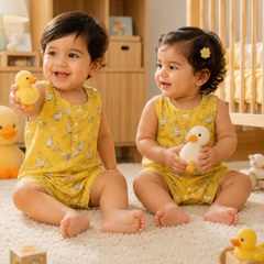 Yellow Duck | Sleeveless | Unisex Romper Bodysuit | 100% Cotton Muslin for 0 to 2 Yrs