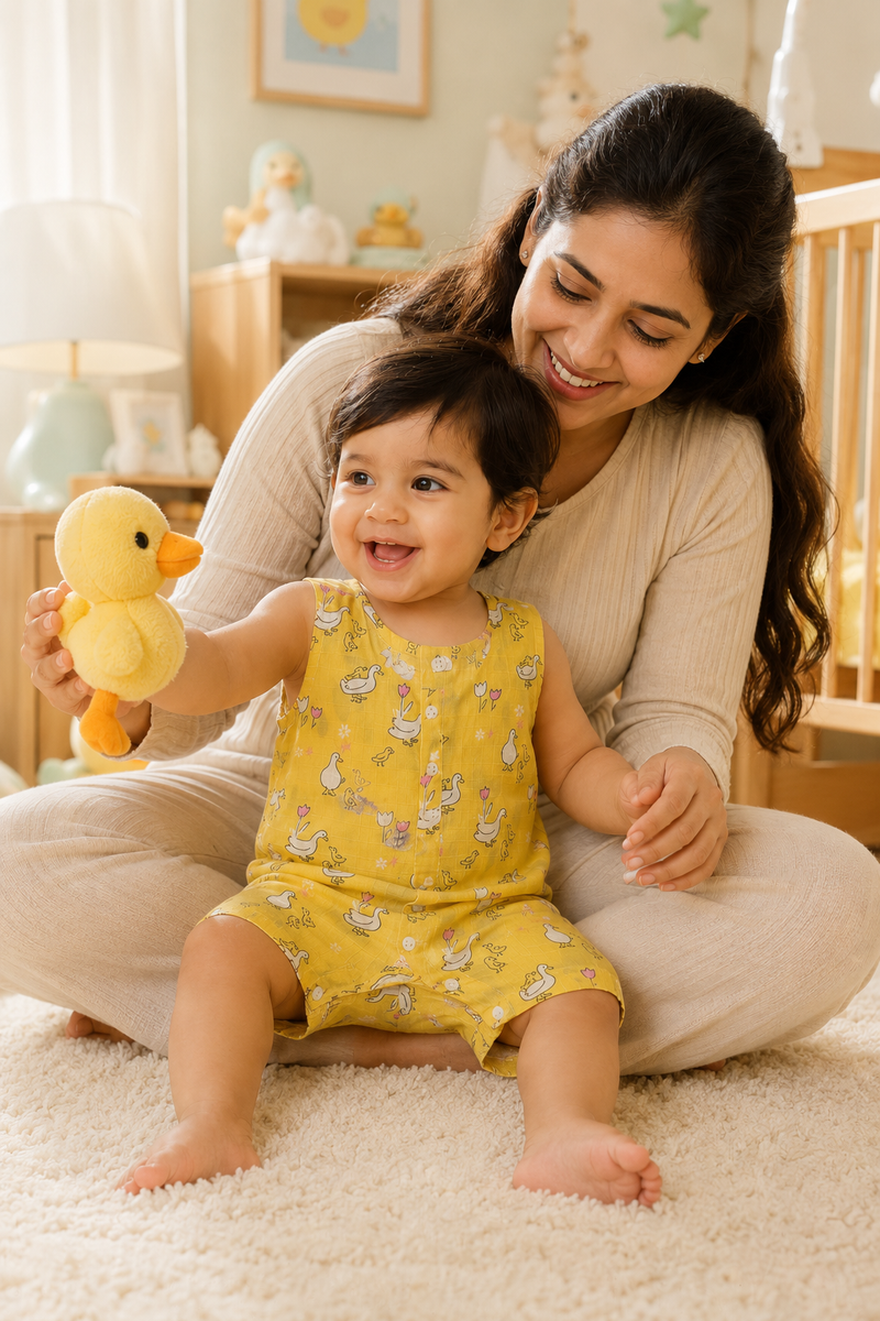 Yellow Duck | Sleeveless | Unisex Romper Bodysuit | 100% Cotton Muslin for 0 to 2 Yrs