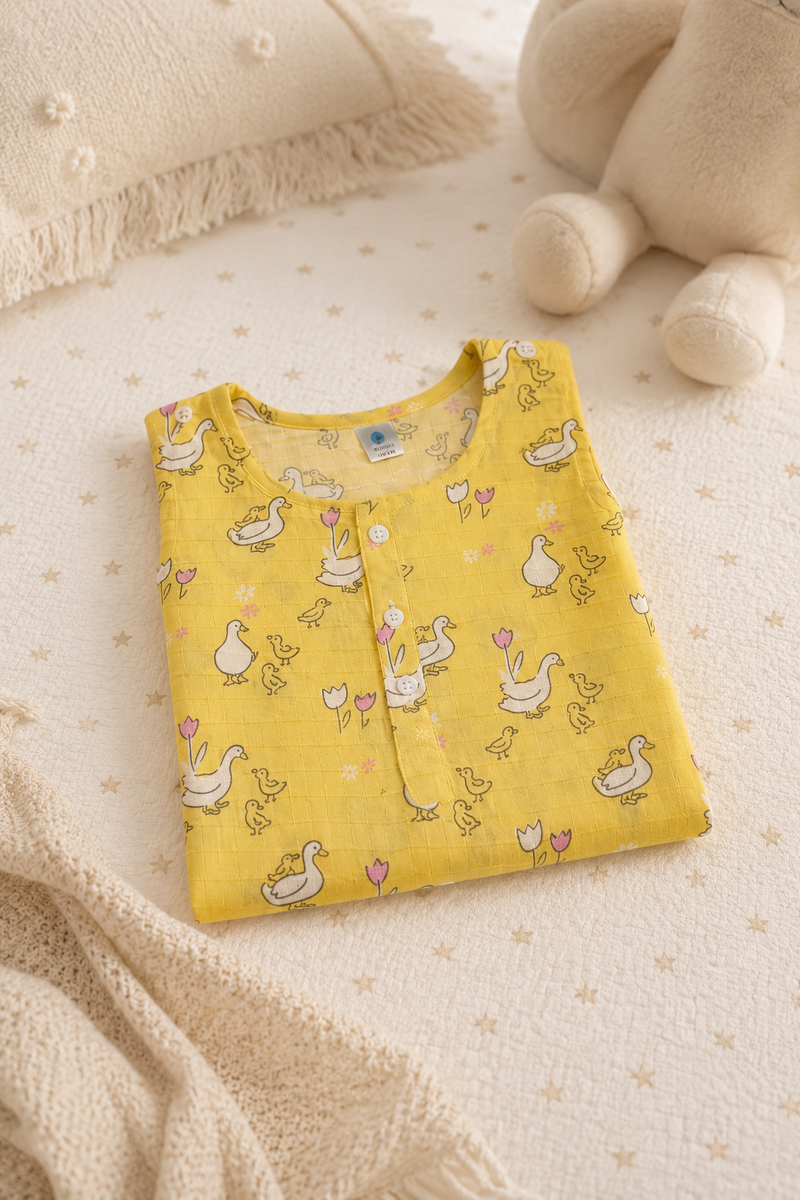 Yellow Duck | Sleeveless | Unisex Romper Bodysuit | 100% Cotton Muslin for 0 to 2 Yrs