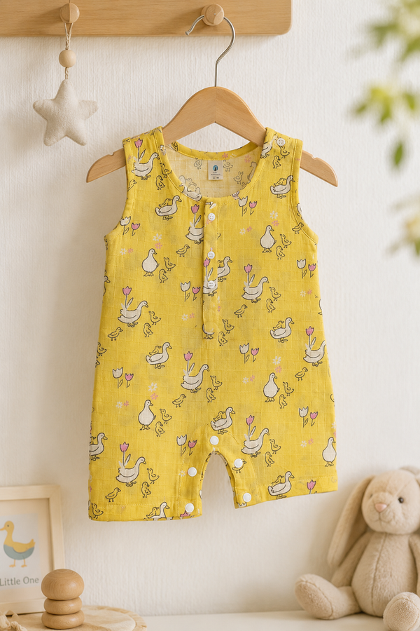 Yellow Duck | Sleeveless | Unisex Romper Bodysuit | 100% Cotton Muslin for 0 to 2 Yrs