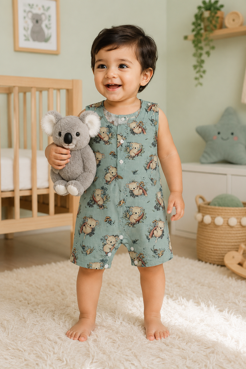 Teal Koala | Sleeveless | Unisex Romper Bodysuit | 100% Cotton Muslin for 0 to 2 Yrs