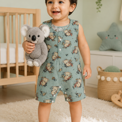 Teal Koala | Sleeveless | Unisex Romper Bodysuit | 100% Cotton Muslin for 0 to 2 Yrs