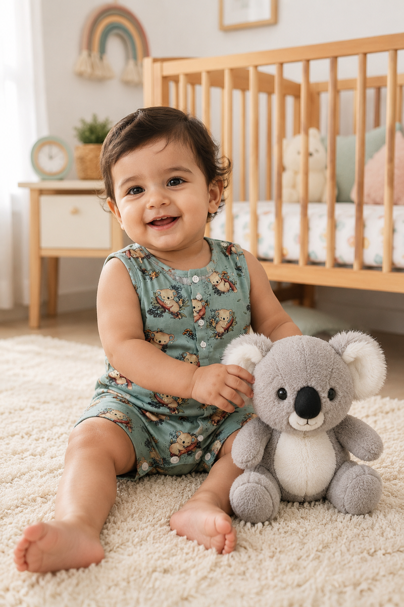 Teal Koala | Sleeveless | Unisex Romper Bodysuit | 100% Cotton Muslin for 0 to 2 Yrs