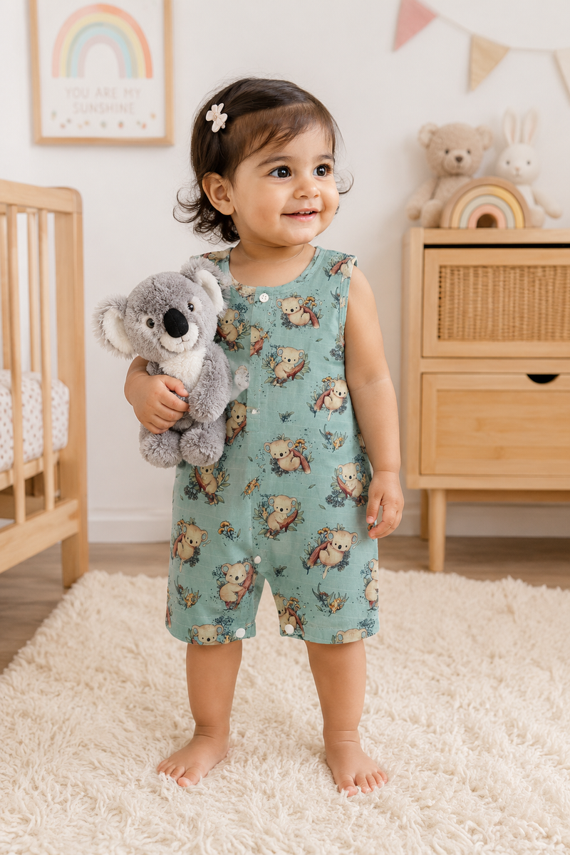 Teal Koala | Sleeveless | Unisex Romper Bodysuit | 100% Cotton Muslin for 0 to 2 Yrs