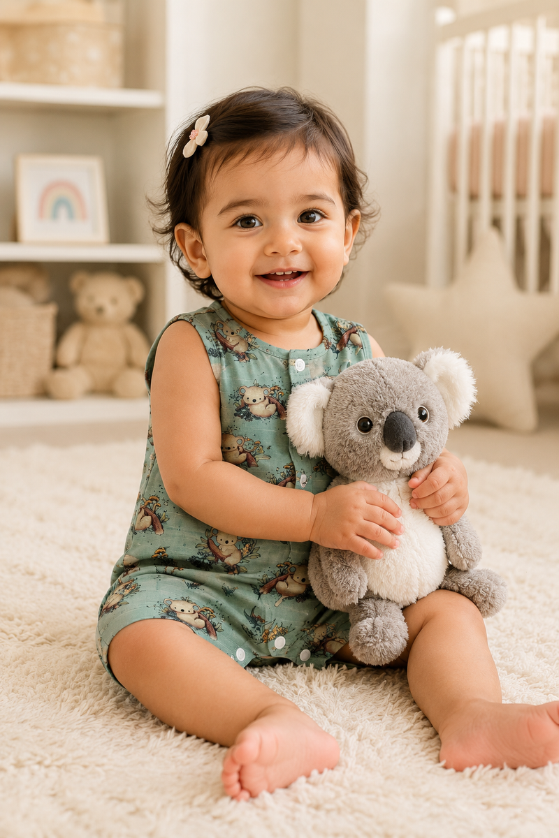 Teal Koala | Sleeveless | Unisex Romper Bodysuit | 100% Cotton Muslin for 0 to 2 Yrs