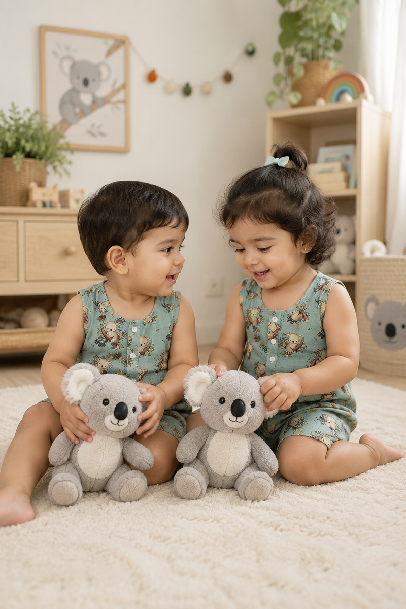 Teal Koala | Sleeveless | Unisex Romper Bodysuit | 100% Cotton Muslin for 0 to 2 Yrs