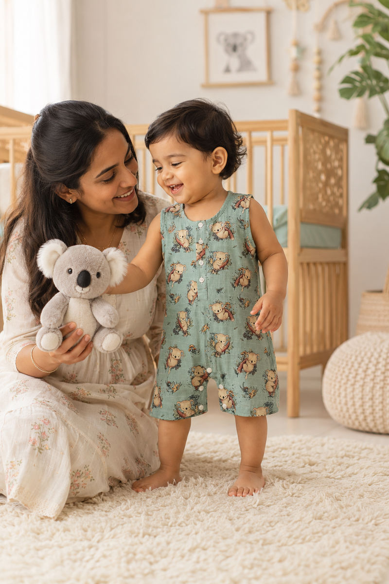 Teal Koala | Sleeveless | Unisex Romper Bodysuit | 100% Cotton Muslin for 0 to 2 Yrs