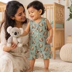 Teal Koala | Sleeveless | Unisex Romper Bodysuit | 100% Cotton Muslin for 0 to 2 Yrs