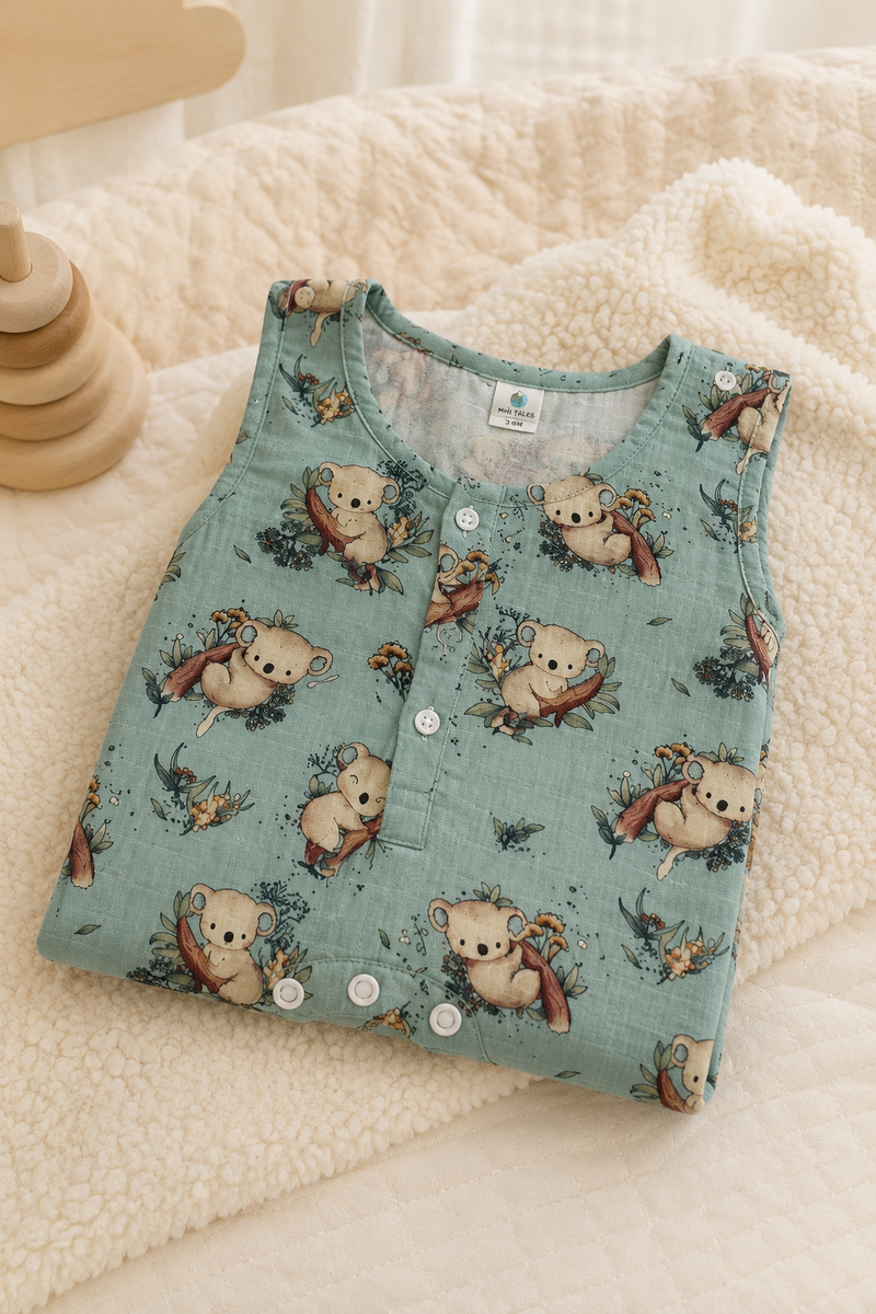 Teal Koala | Sleeveless | Unisex Romper Bodysuit | 100% Cotton Muslin for 0 to 2 Yrs