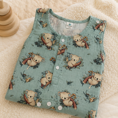 Teal Koala | Sleeveless | Unisex Romper Bodysuit | 100% Cotton Muslin for 0 to 2 Yrs