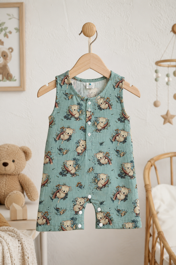 Teal Koala | Sleeveless | Unisex Romper Bodysuit | 100% Cotton Muslin for 0 to 2 Yrs