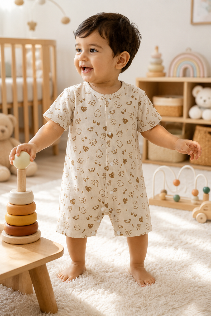 Beige Bear | Short Sleeves | Unisex Romper Bodysuit | 100% Cotton Muslin for 0 to 2 Yrs