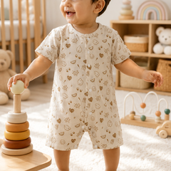 Beige Bear | Short Sleeves | Unisex Romper Bodysuit | 100% Cotton Muslin for 0 to 2 Yrs