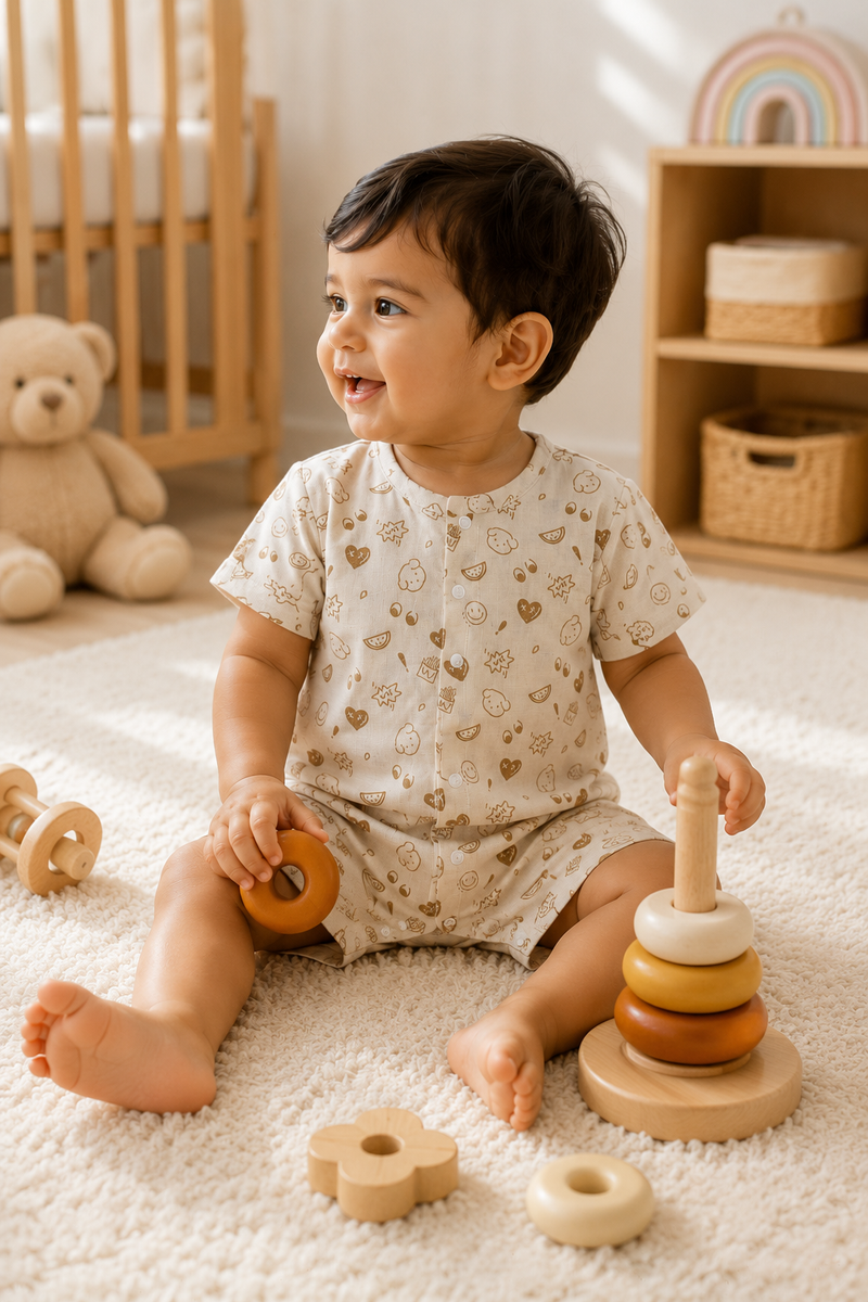 Beige Bear | Short Sleeves | Unisex Romper Bodysuit | 100% Cotton Muslin for 0 to 2 Yrs