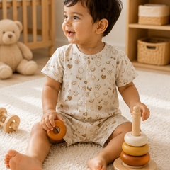 Beige Bear | Short Sleeves | Unisex Romper Bodysuit | 100% Cotton Muslin for 0 to 2 Yrs